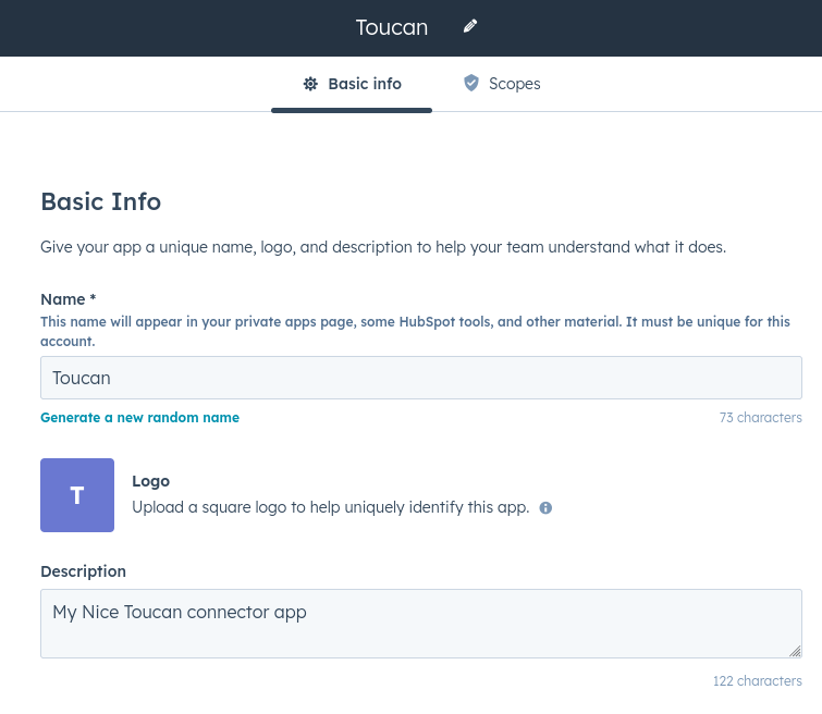 HubSpot private app basic info