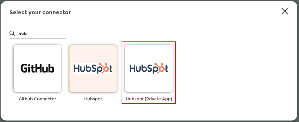 Search for the HubSpot (private app) connector