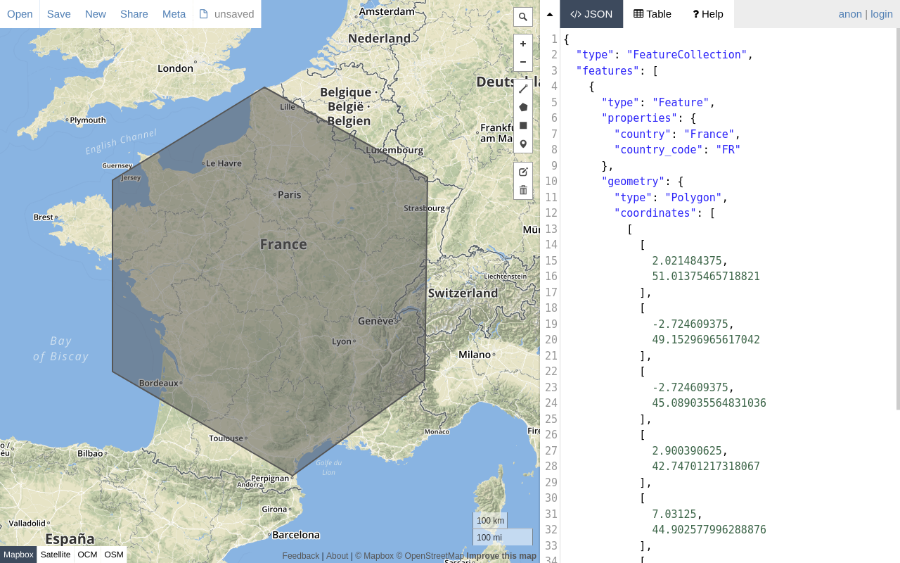 Very simple zone for France in GeoJSON.io