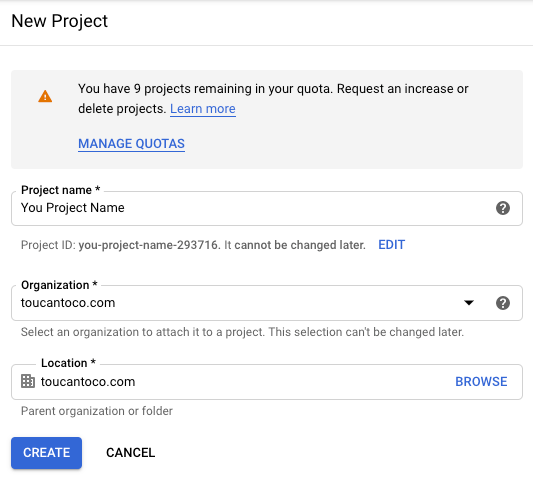 Google console new project info