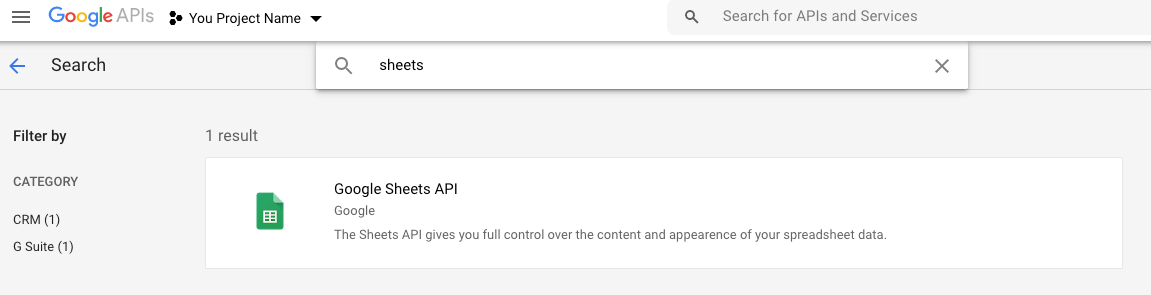 Google console search Google Sheets API