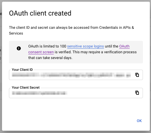 Google OAuth credentials created