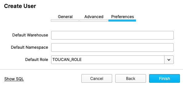 Snowflake UI create user preferences form
